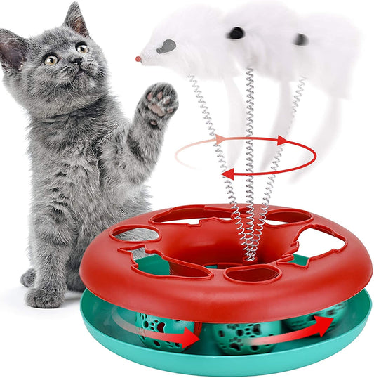 Cat playing with a red and green cat toy