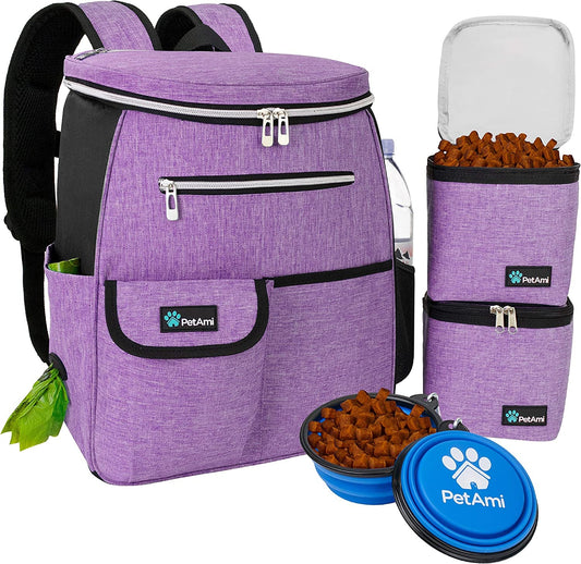 Purple pet backpack with food container and bowls on a white background
