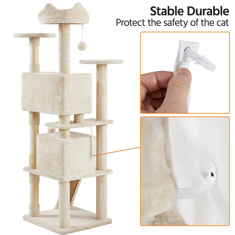SmileMart 70" Double Condo Cat Tree – Beige, Multi-Level with Scratching Posts MJ's Pet Closet