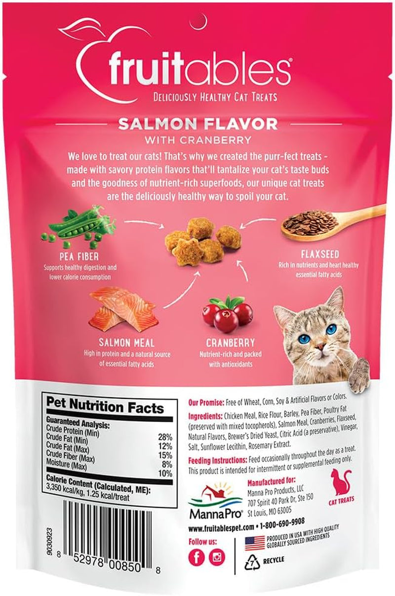Fruitables cat treats packaging with salmon flavor and cranberry on a pink background