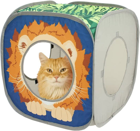Cat play cube with lion design featuring a cat's face