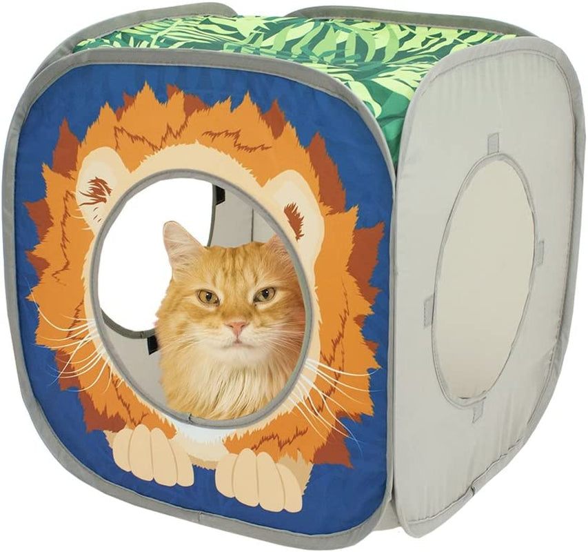 Cat play cube with lion design featuring a cat's face