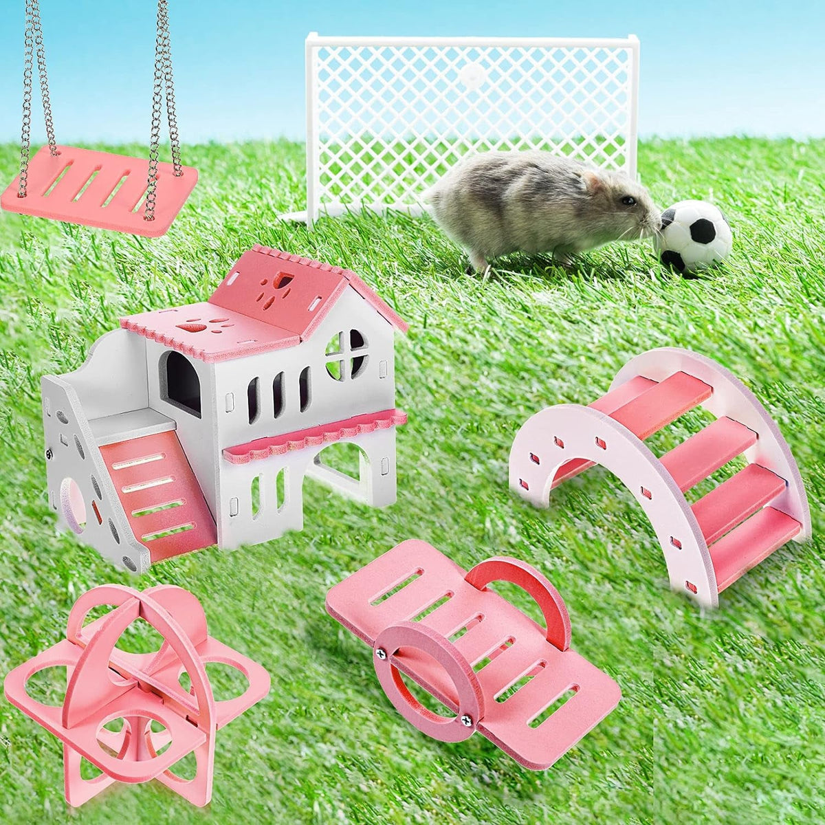 5-Piece Hamster Toy Set – House, Seesaw, Bridge, Swing & Exercise Circle MJ's Pet Closet