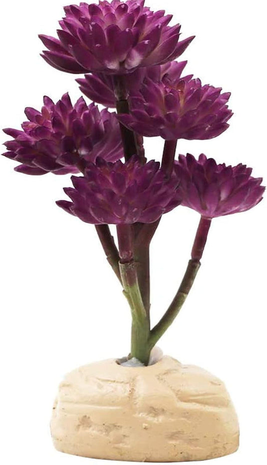Purple artificial flower arrangement on a white background