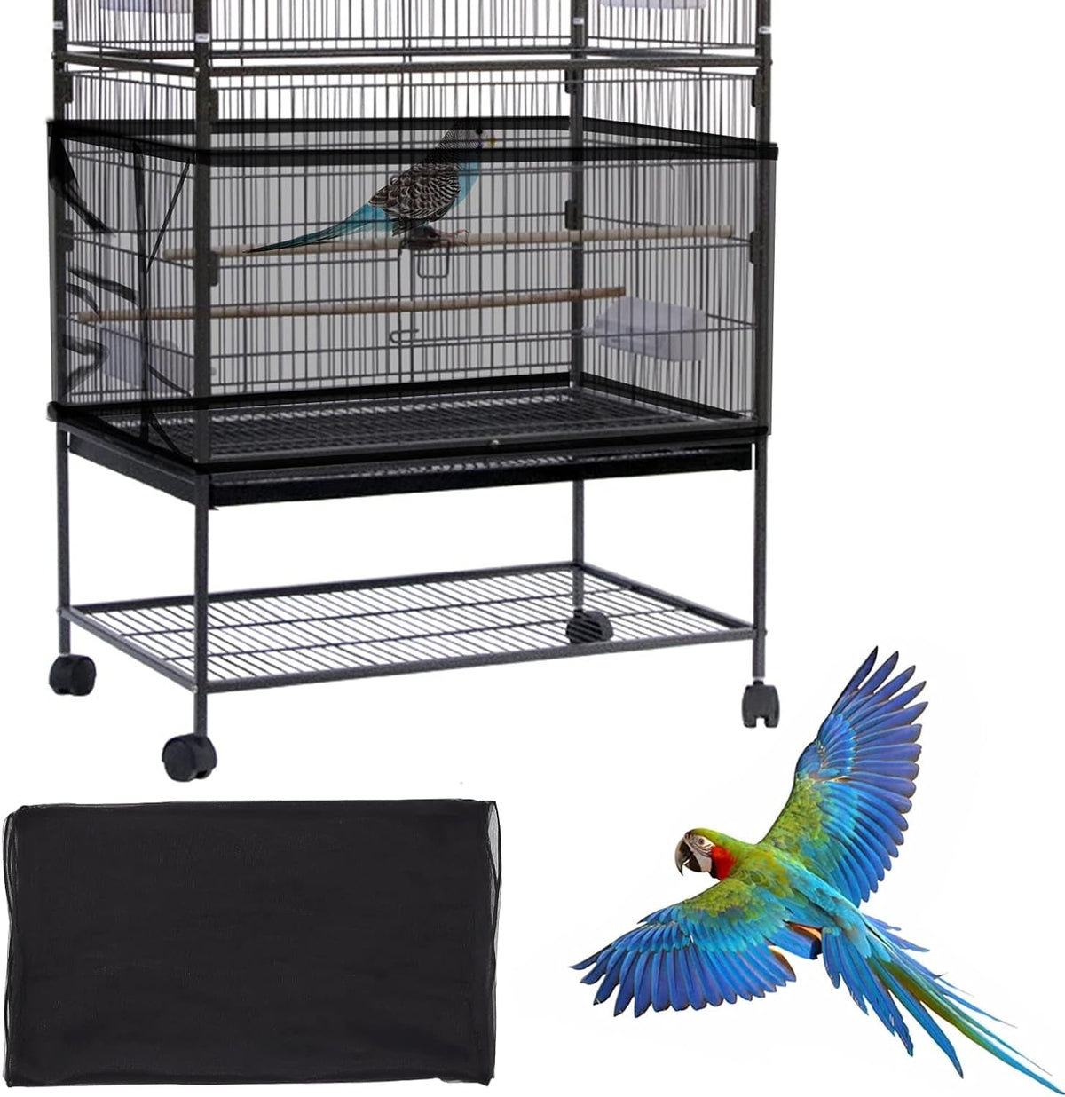 Bird cage with a parrot inside, a black cover, and another parrot on a white background