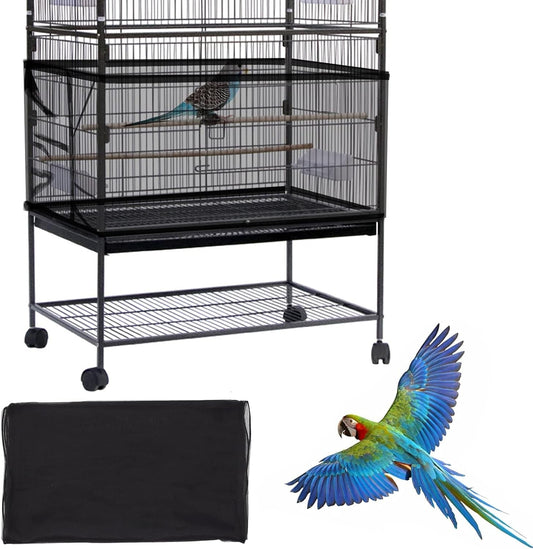 Bird cage with a parrot inside, a black cover, and another parrot on a white background