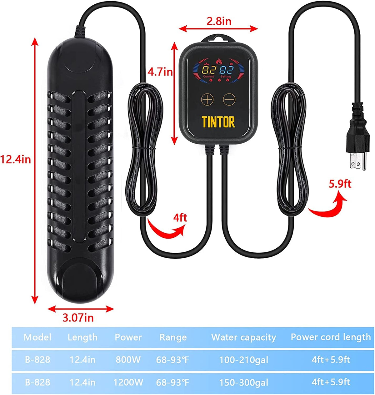 Black electronic device with digital display and power cord, labeled 'TINTOR', showing dimensions and specifications.