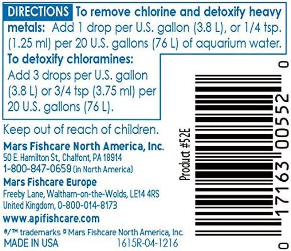 Aquarium water treatment product label with directions and contact information.