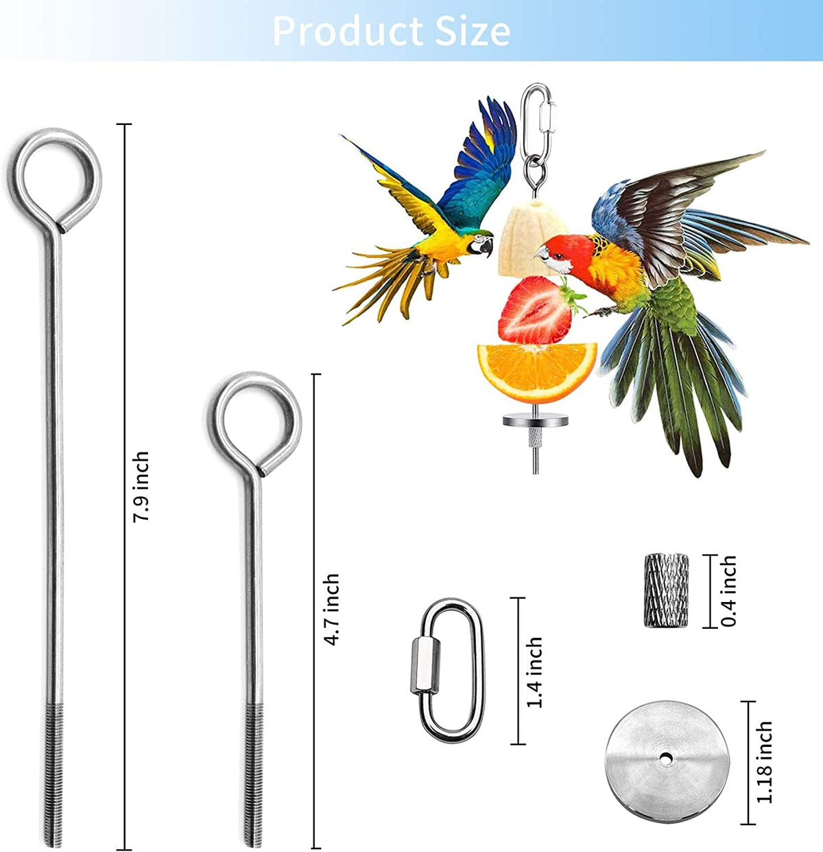 Set of metal skewers with measurements and a decorative parrot illustration on a blue background.