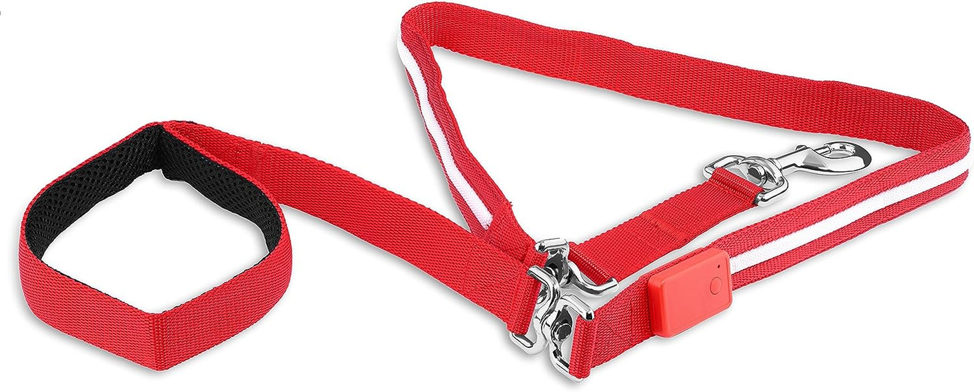 Red dog leash with black handle and silver clasp on a white background