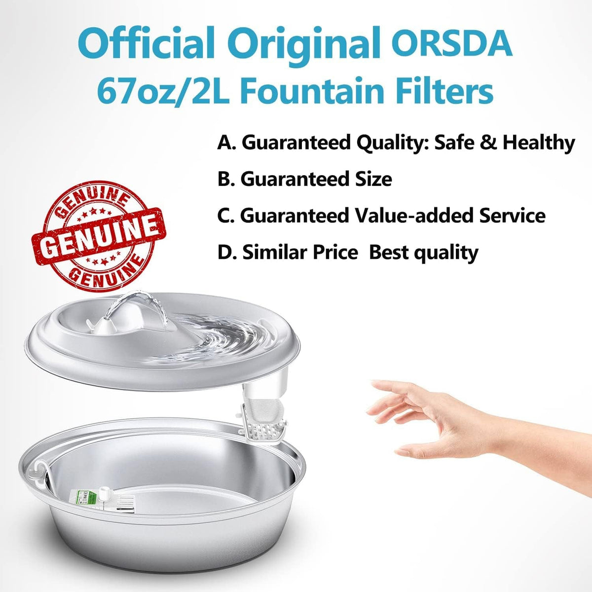 ORSDA 67oz/2L fountain filter with hand holding it, featuring a 'Genuine' stamp.