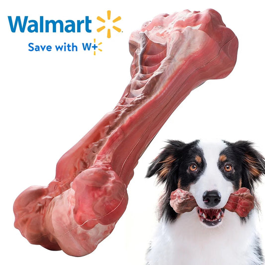 Dog with a large bone toy and Walmart logo in the background