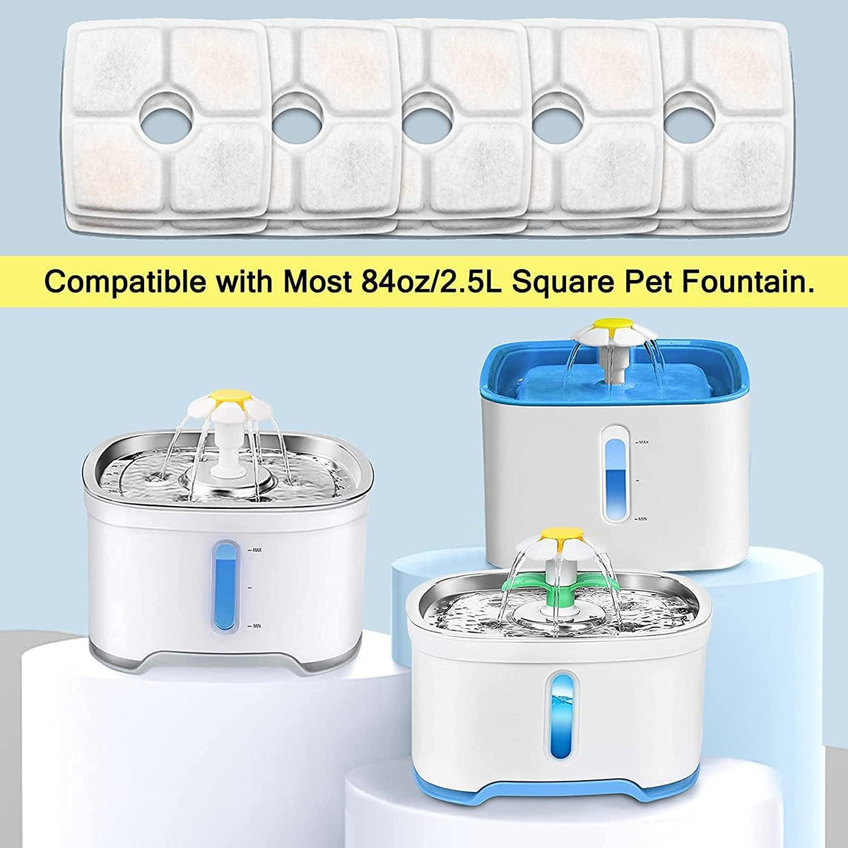 Pet water fountain with filter and compatibility text on a light blue background
