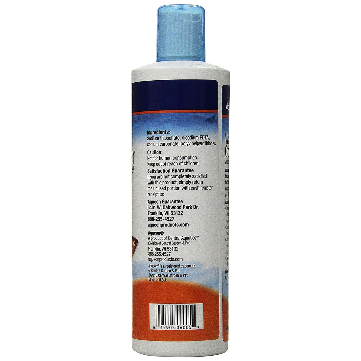 Back label of a bottle with text and a blue cap on a white background