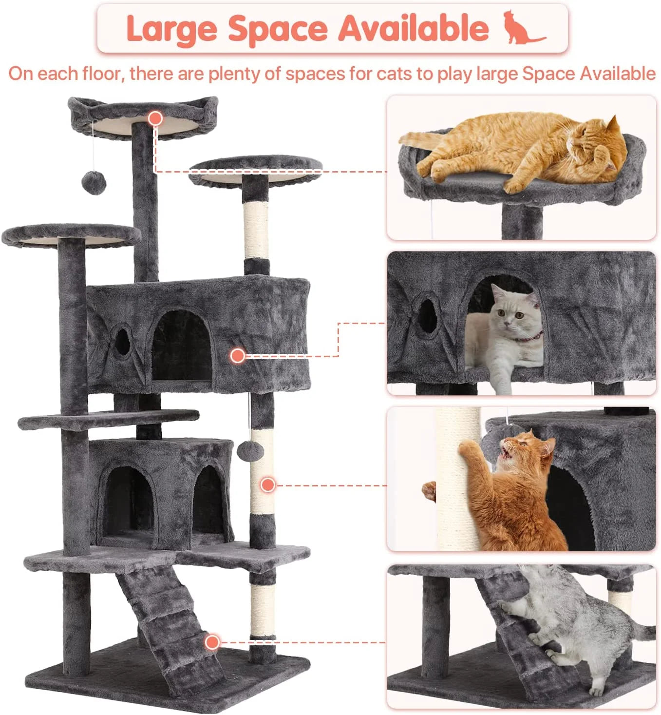 NiamVelo 54" Double Condo Cat Tree – Ashy, Sturdy 4-Floor Design MJ's Pet Closet