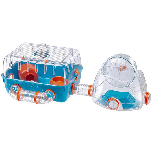 Pet playpen with clear top and blue base on a white background