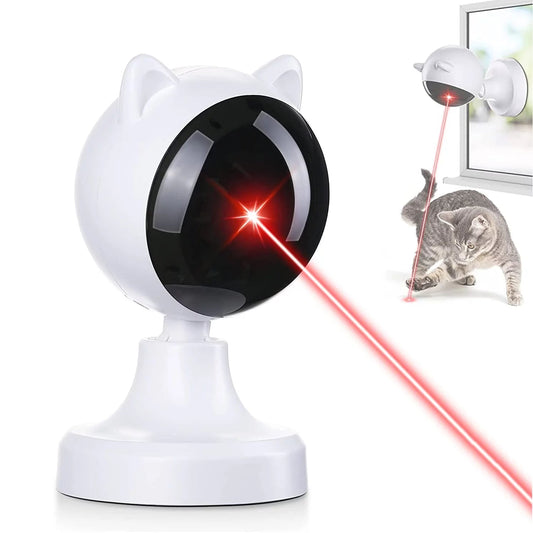White cat-shaped device with a red laser pointer, showing a cat interacting with it.
