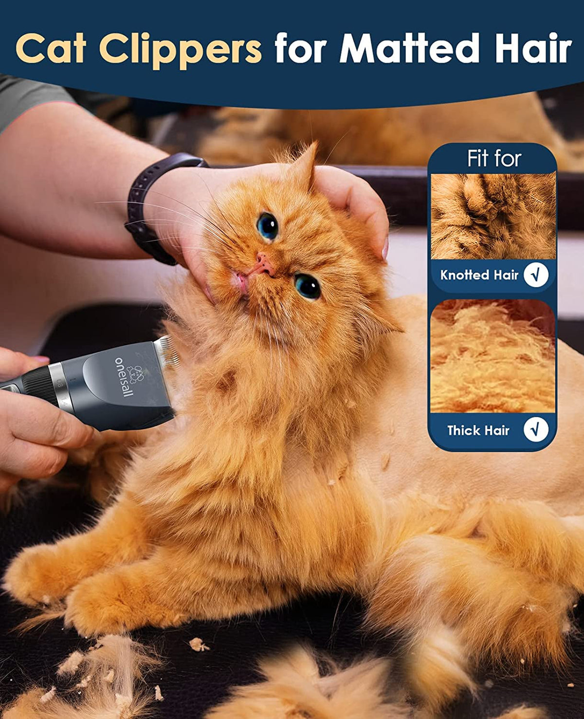 Cat being groomed with clippers for matted hair, showing product use on a cat with thick fur.