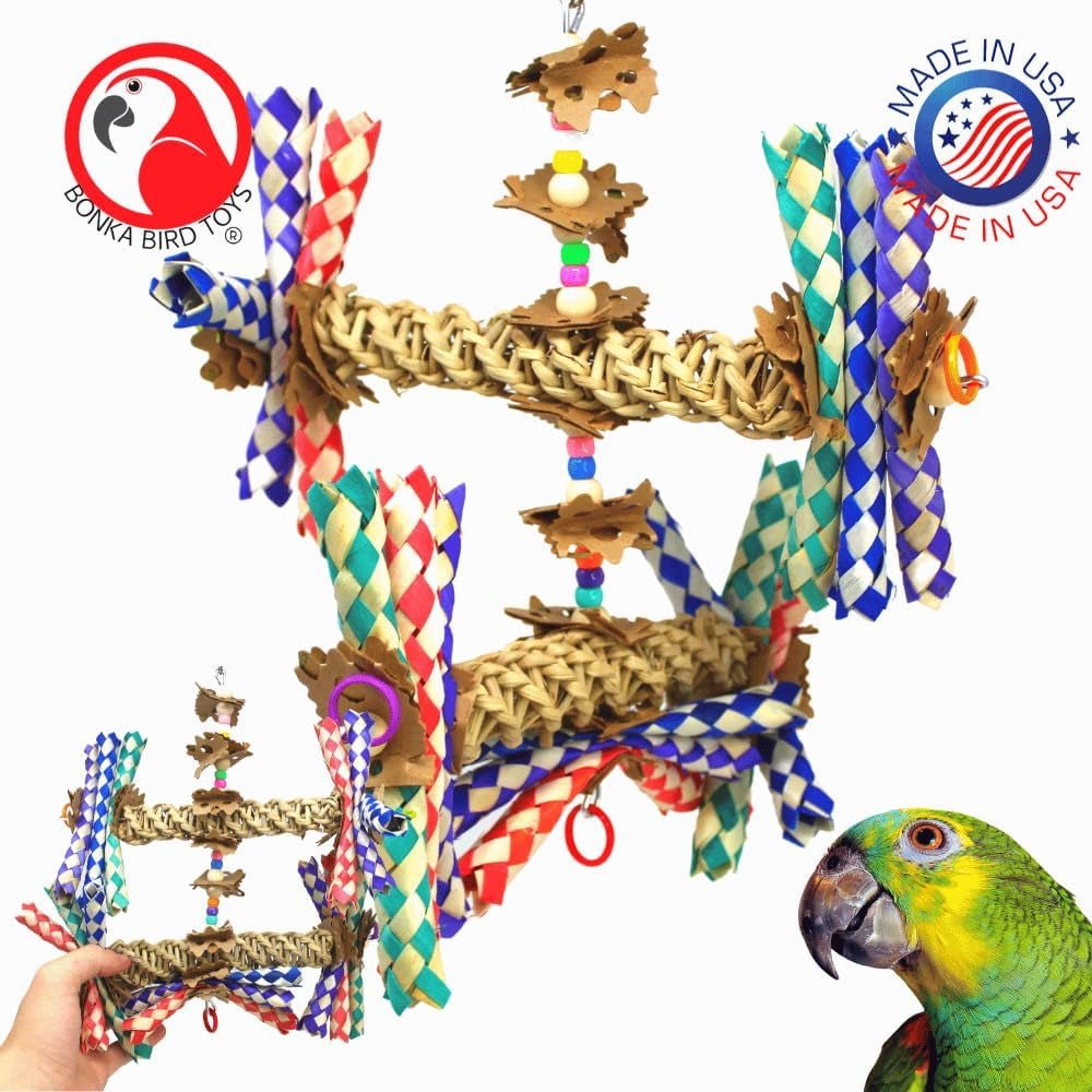 Bird toy with colorful ribbons and a parrot, featuring Bonaire Bird Company branding.