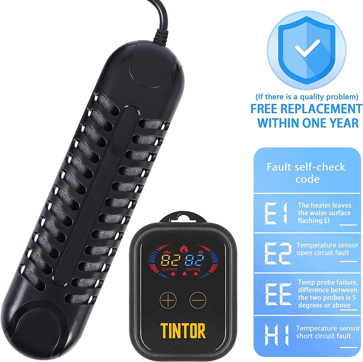 Tintor Submersible Aquarium Heater – 800W / 1200W with External LED Controller, PID Smart Thermostat & Auto Shutoff | Fresh & Saltwater MJ's Pet Closet