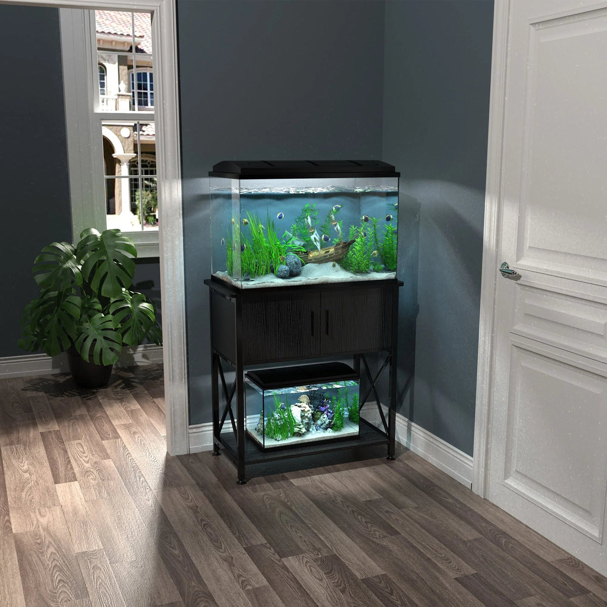GDLF 20 Gallon Long Aquarium Stand – 2-Tier Metal & MDF Fish Tank Stand with Storage Cabinet | 220 lb Capacity | Black MJ's Pet Closet