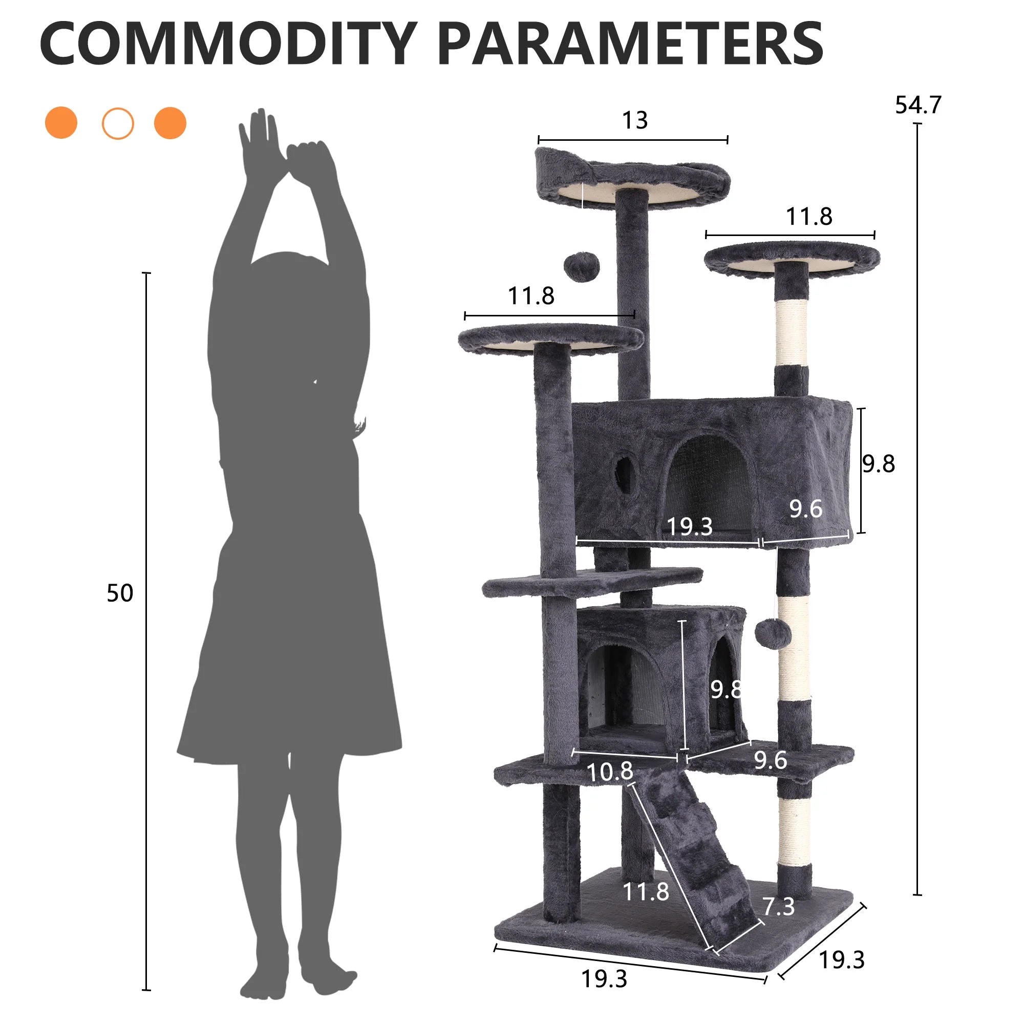 NiamVelo 54" Double Condo Cat Tree – Ashy, Sturdy 4-Floor Design MJ's Pet Closet