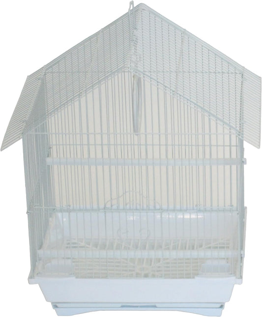 White bird cage with a house-like design on a white background