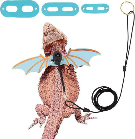 Lizard wearing a bat costume with a leash on a white background