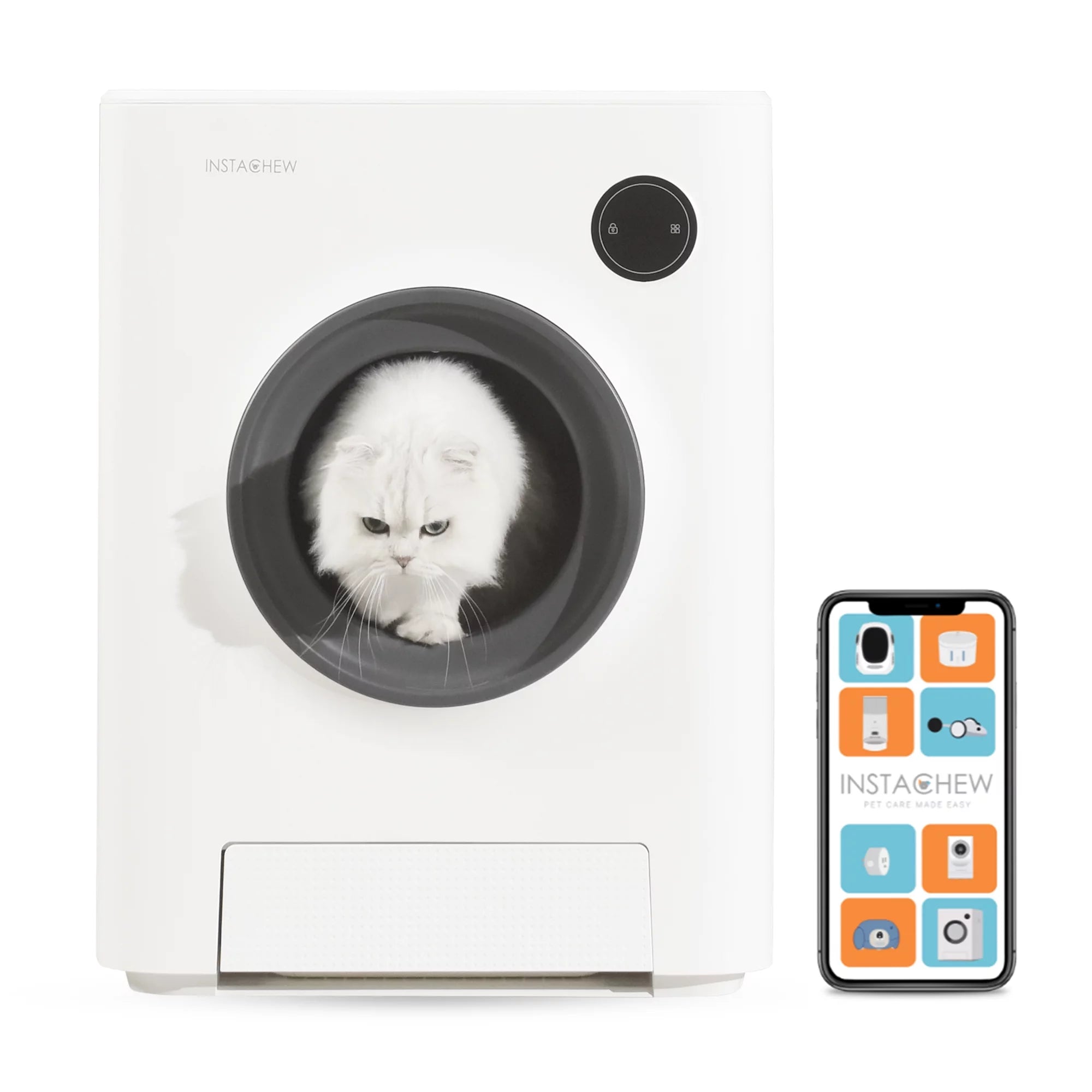 White electronic pet toy with a cat inside and a smartphone displaying app icons on a white background