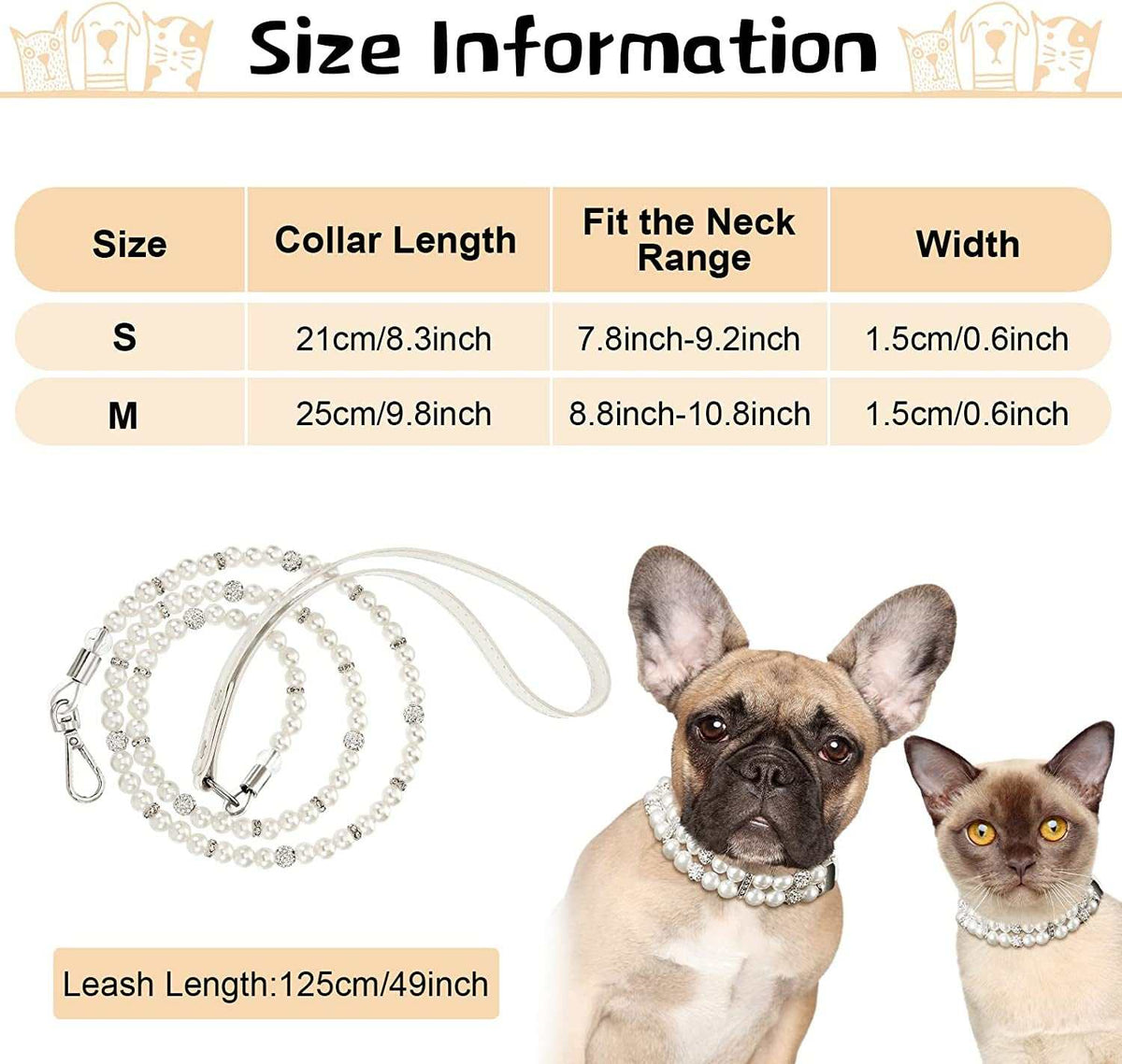 Size chart for pet collars with a dog and cat wearing the collars.