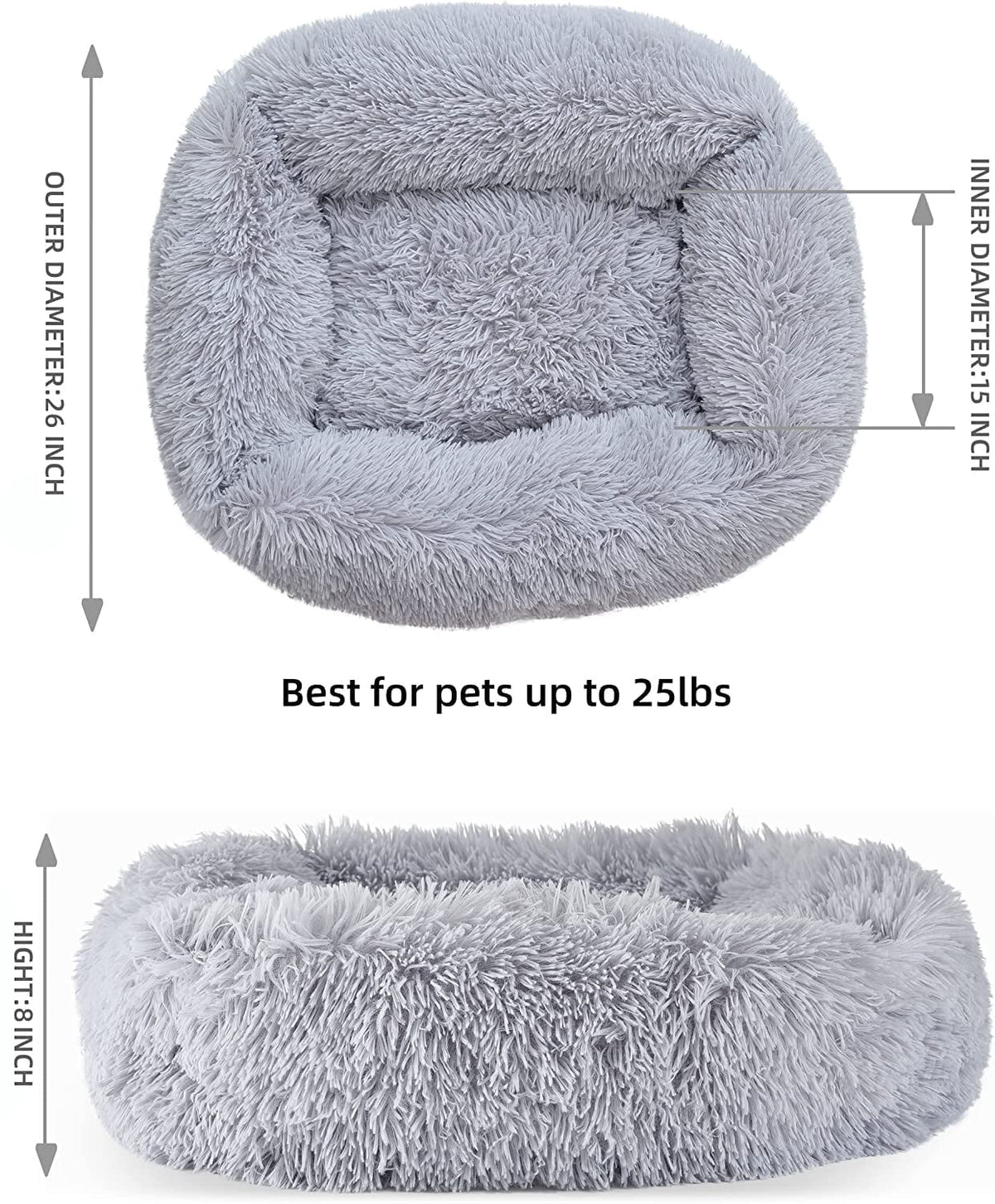 Plush Cat Bed for Indoor Cats & Small Dogs – Super Soft PP Cotton with Non-Slip Waterproof Bottom | 26"x22" | Light Gray MJ's Pet Closet