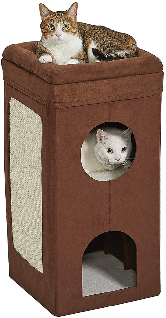 Brown cat tree with two cats, one on top and one inside a circular opening.