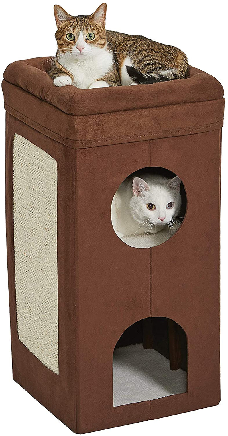 Brown cat tree with two cats, one on top and one inside a circular opening.