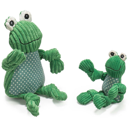 Two green plush frogs with polka dot bellies on a white background