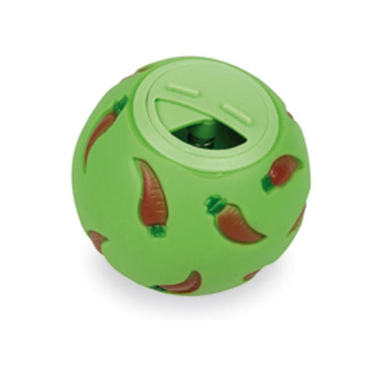 Green ball-shaped toy with carrot pattern on a white background