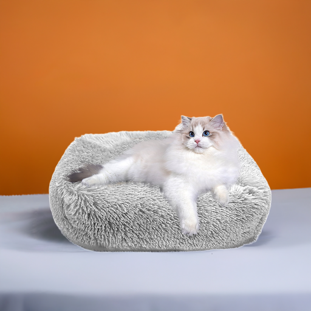 Plush Cat Bed for Indoor Cats & Small Dogs – Super Soft PP Cotton with Non-Slip Waterproof Bottom | 26"x22" | Light Gray MJ's Pet Closet