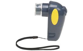 Gray and yellow device with a strap on a white background