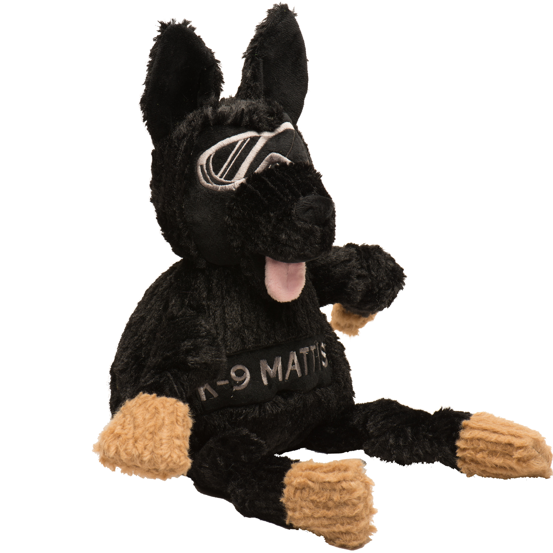Black plush dog toy with 'K-9 Matts' branding on a white background