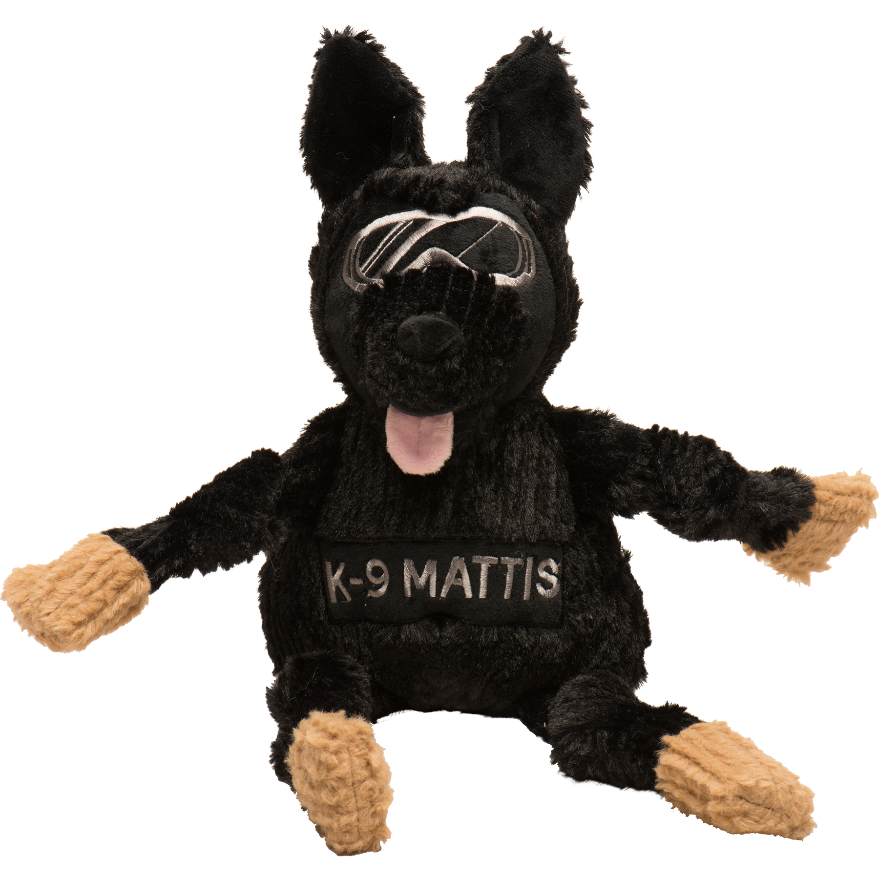 Black plush dog toy with 'K-9 Mattis' on a white background