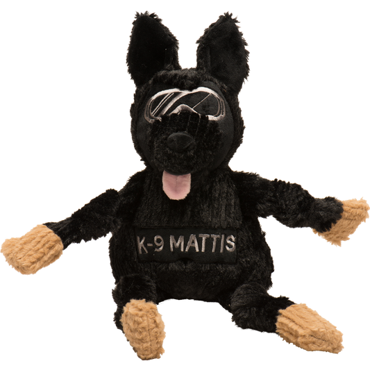 Black plush dog toy with 'K-9 Mattis' on a white background