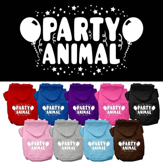 Dog hoodies with 'Party Animal' text in various colors on a black background