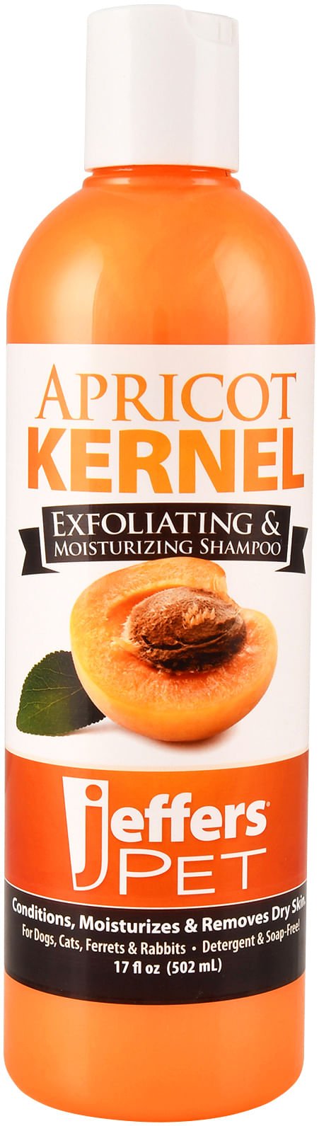 Shampoo bottle labeled 'Apricot Kernel' by Jeffers Pet on an orange background