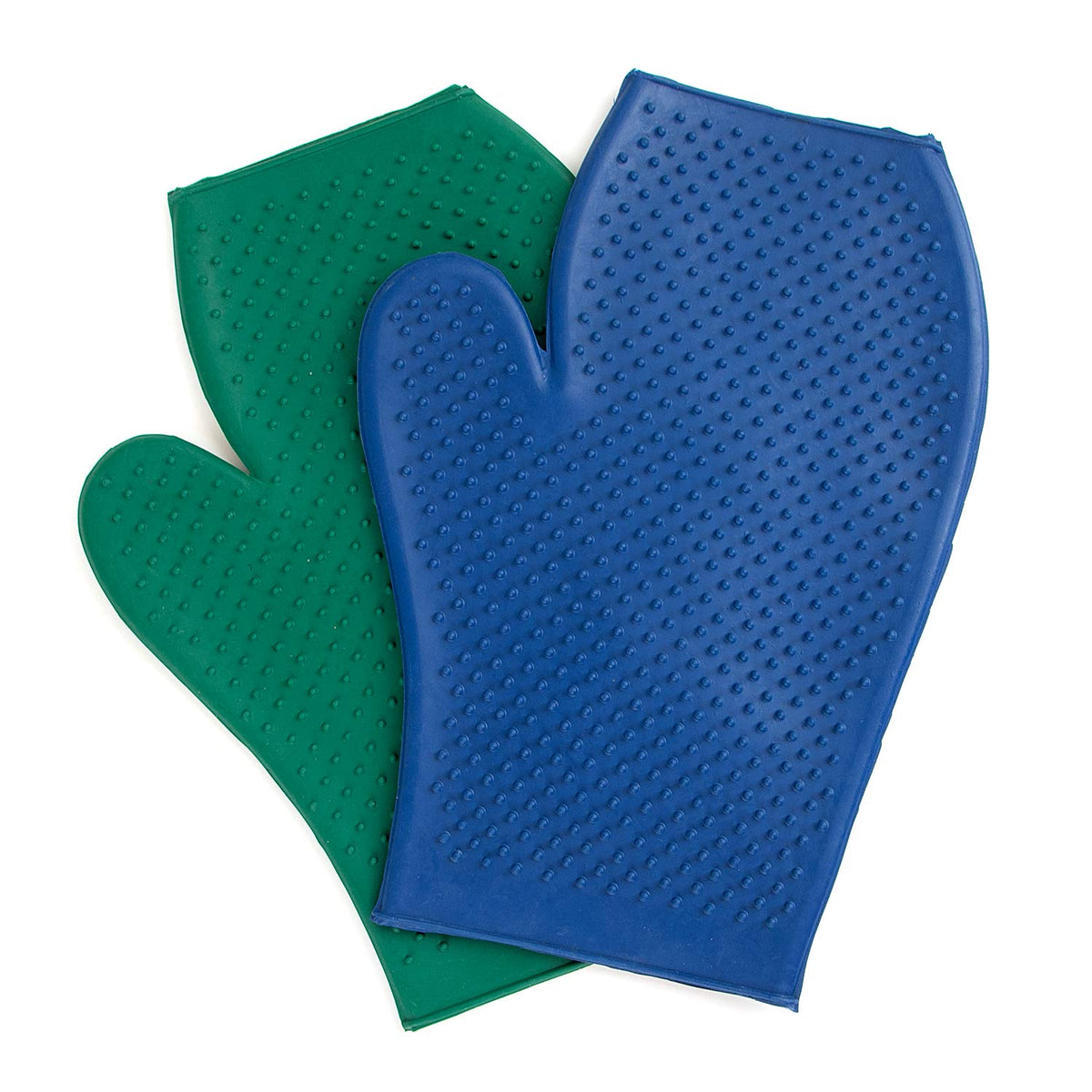 Two silicone gloves, one green and one blue, on a white background