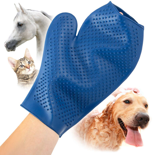 Blue grooming glove with images of a horse, cat, and dog on a white background