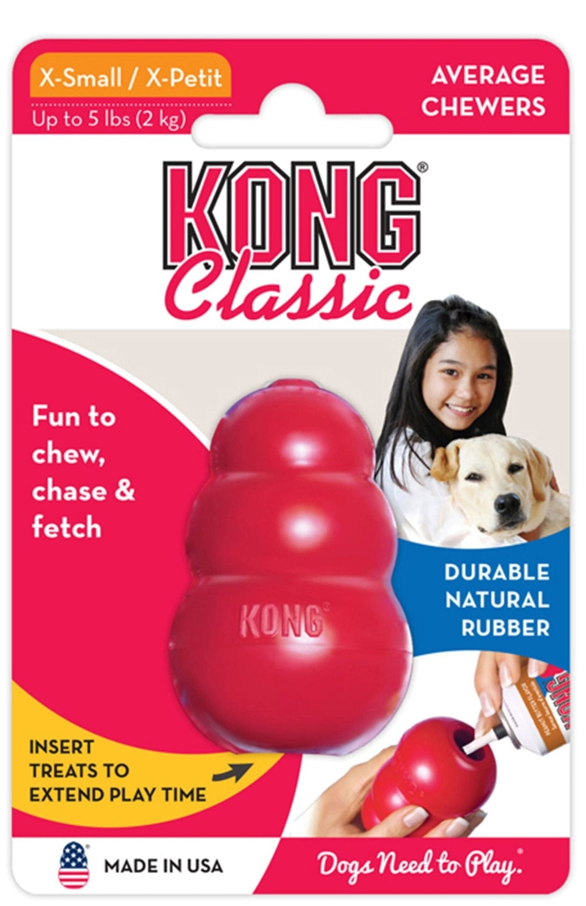 KONG Classic dog toy packaging with a red toy and text on a white background
