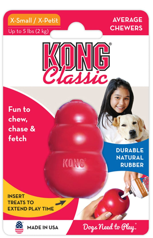 KONG Classic dog toy packaging with a red toy and text on a white background