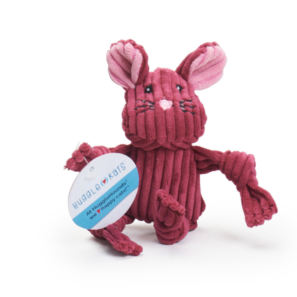 Pink plush mouse toy with a tag on a white background