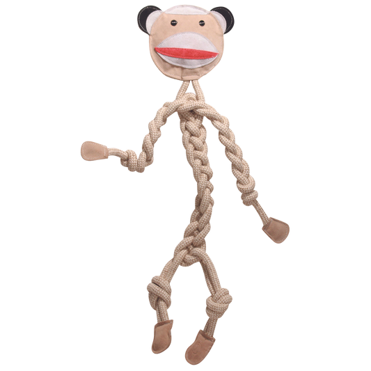 Rope monkey toy with a sock monkey face on a white background
