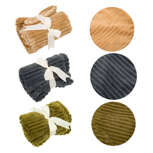 Three folded blankets in brown, gray, and green with color swatches on a white background.