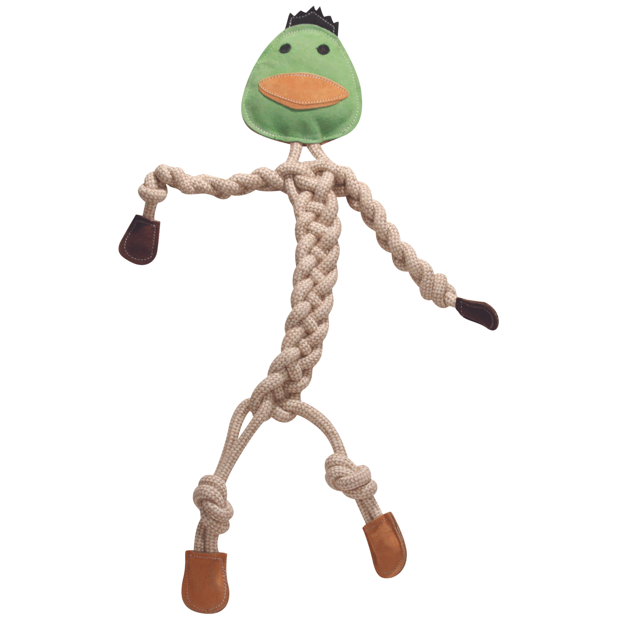 Dog toy with a green duck head and braided rope body on a white background